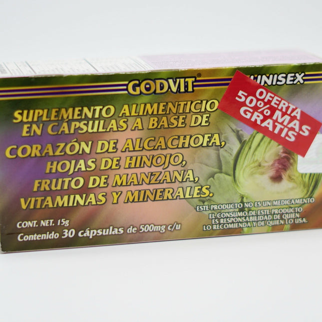 GODVIT Suplemento Alimenticio Corazón de Alcachofa con Hinojo, Manzana y Vitaminas - 30 Cápsulas de 500mg
