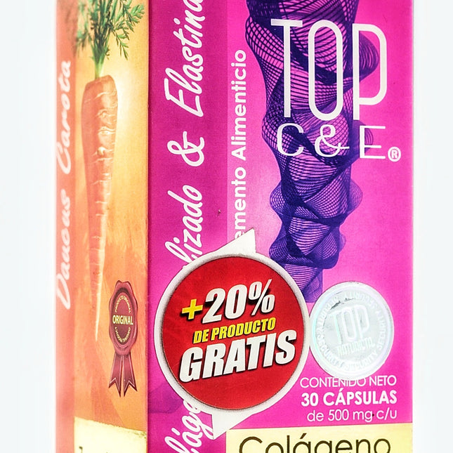 TOP C&E - Cápsulas de Colágeno y Elastina con Zanahoria, Aguacate y Toronja - 30 Cápsulas de 500mg (+20% Gratis)