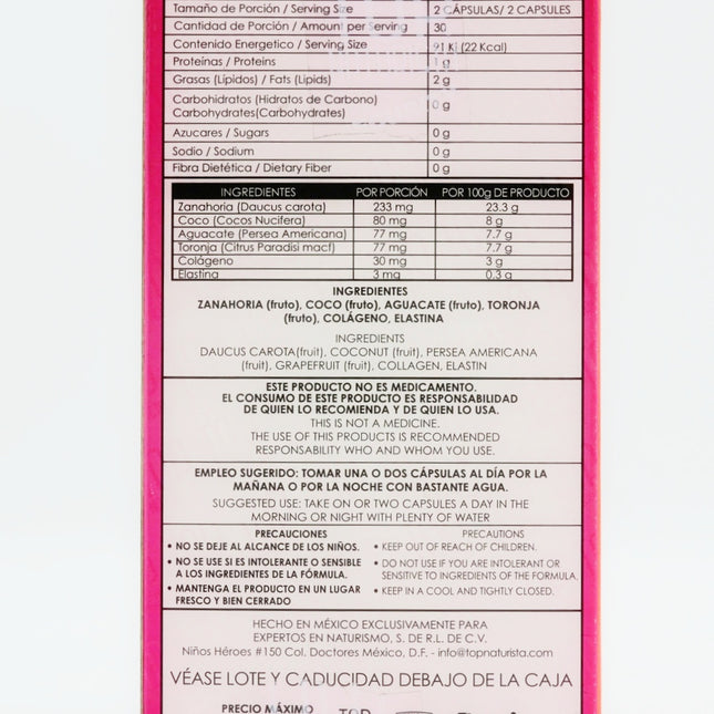 TOP C&E - Cápsulas de Colágeno y Elastina con Zanahoria, Aguacate y Toronja - 30 Cápsulas de 500mg (+20% Gratis)