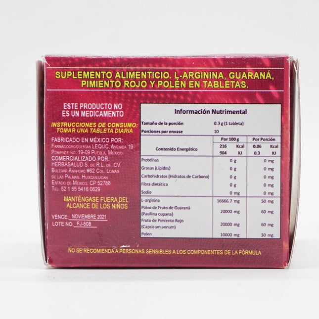 Total PW - Suplemento Alimenticio con L-Arginina, Guaraná, Pimiento Rojo y Polen | 10 Tabletas de 0.3 g