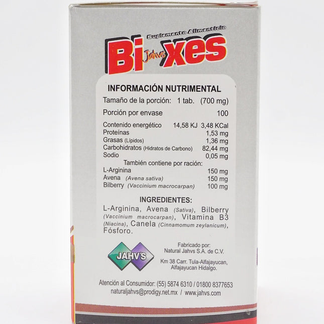 Jahvs Bi-Xes - Suplemento Alimenticio con L-Arginina, Avena y Bilberry | 100 Tabletas de 700 mg